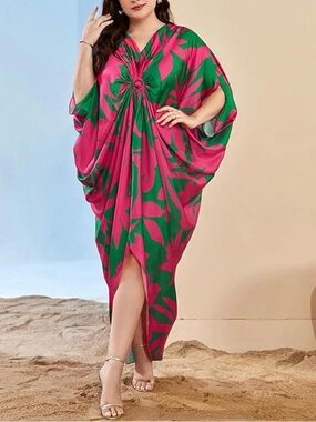 TOLEEN Kaftan Dress Oversized Robe Caftan One Size Green Pink